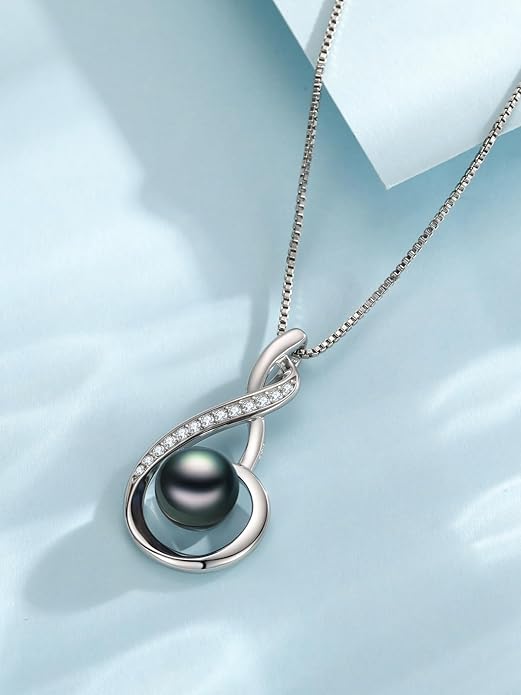 Tahitian Black Pearl 18K White Gold Plated Sterling Silver Heart Pendant Necklace for Women Wife Mom Girlfriend Valentine Jewelry Gift for Mother Day Wedding Anniversary Birthday
