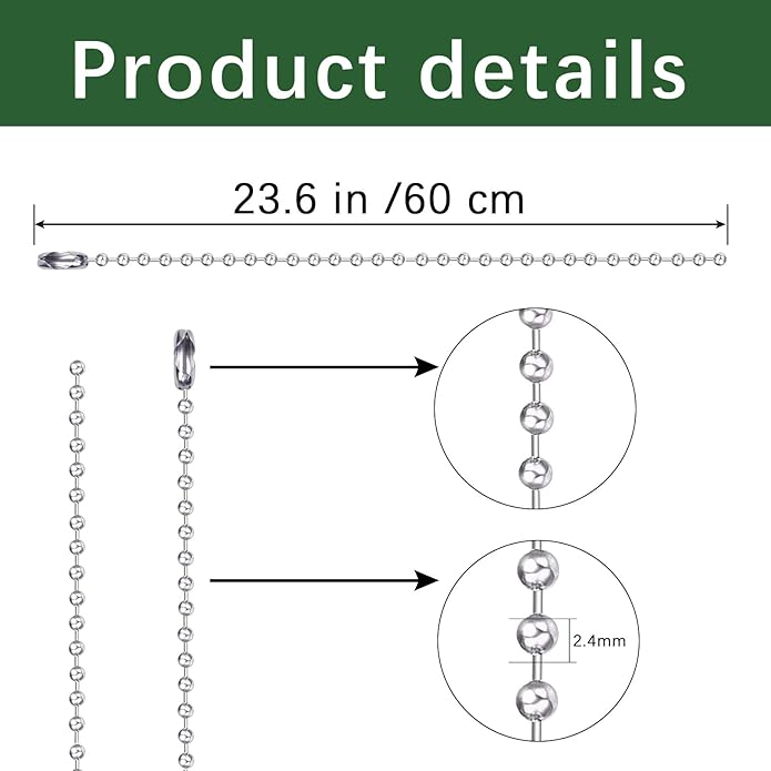 GEKIXUTP 100 pcs Dog Tag Chain Ball Chain Necklace Bulk,Military Dog tag Chain for Men Dog tags Chains,Beaded Chain Necklace Chains for Jewelry Making,Silver Nickel Plated Metal 23.6" Long 2.4mm Ball