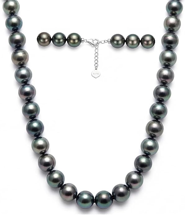 18K Solid Gold Real Tahitian Black Pearl Necklaces for Women - 43-Piece 9-10mm AAA Ocean-Grown Pearl, Strand Necklaces, Luxury Wedding Anniversary Birthday Christmas Gifts for Wife Mom, Length 17.7"+2"