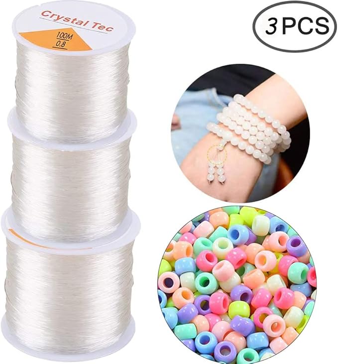 0.8mm Elastic Stretch Thread for Bracelets, 3 Rolls Elastic Bead Cord, Stretchy Bracelet String Crystal String Bead Cord for Bracelet, Beading and Jewelry Making