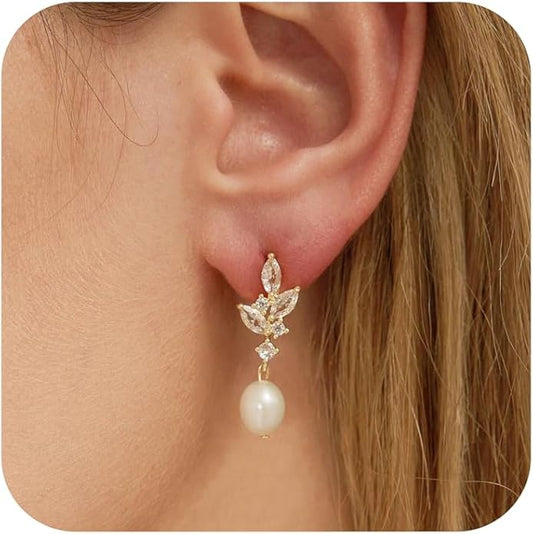 Pearl Earrings for Women - Dainty Gold Dangle Drop Earrings, 14k Gold Plated Cute Bow Design, Hypoallergenic Pearl Studs, Wedding Jewelry Gifts