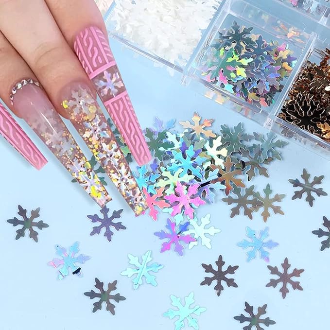 6 Colors Snowflake Glitter Nail Sequins - Snowflakes 3D Nail Art Luxury Flakes Holographic Laser Snow Flakes Christmas Nail Glitters Xmas Winter Nail Stickers for Acrylic Nails Art Decorations Crafts