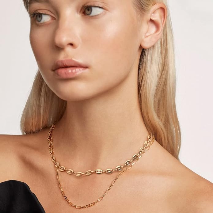 Aobei Pearl 18K Gold Plated Paperclip Chain Choker Satellite Chain Freshwater Cultured Biwa Pearl Pendant Necklace Dainty Jewelry for Women