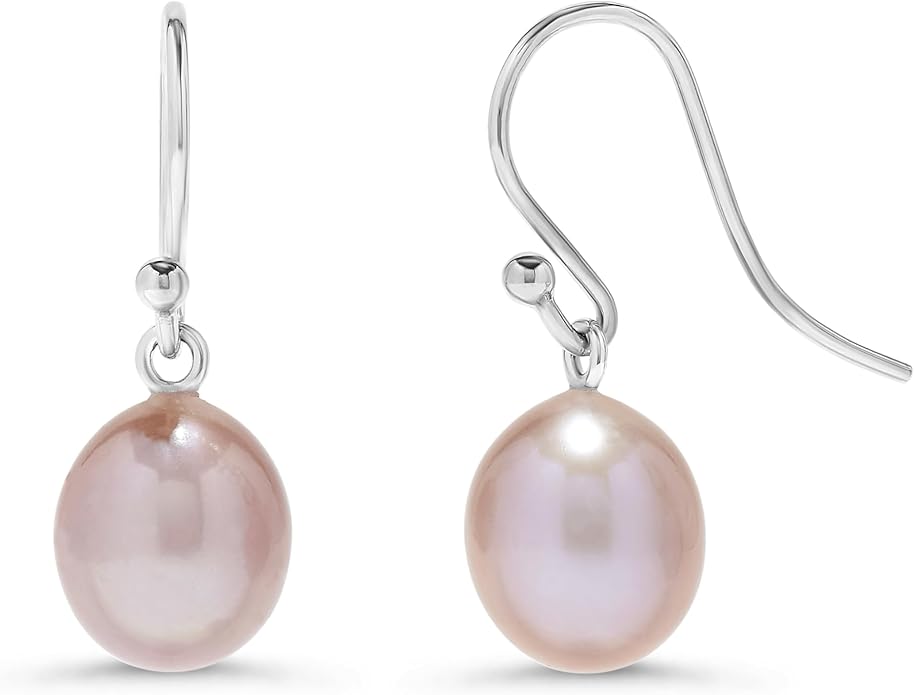 .925 Sterling Silver AAA Natural Pink Teardrop Shaped Freshwater Cultured Pearl French Wire Dangling Drop Earrings