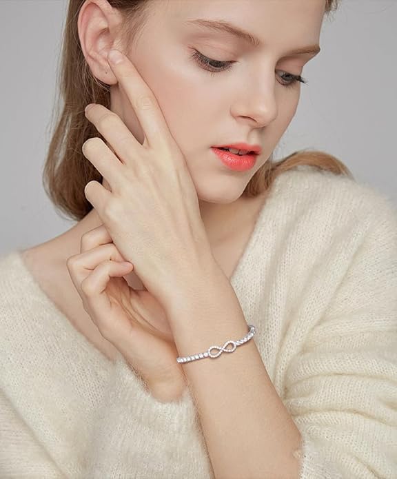Moissanite Tennis Bracelets For Women, S925 Sterling Silver Infinity Bracelet, 3MM Width 18K Gold Plated White Gold Adjustable Bolo Bracelets- Birthday Valentines Day Gifts For Her Wife Mom