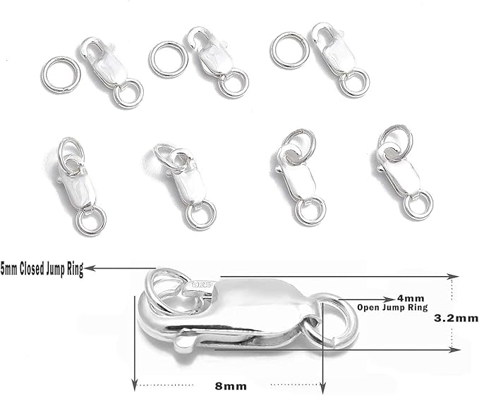 10 Sets fine 925 Sterling Silver Safty Lobster Claws Rectangle Clasps with conned Jump Rings Connect Necklace or Bracelet (Rectangle 8mm (Tiny))