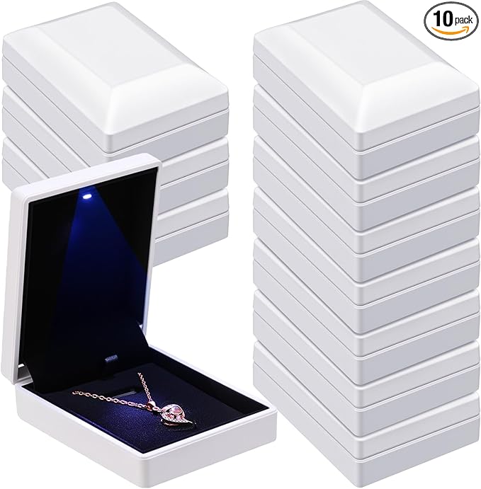 Landical 10 Pcs Pendant Necklace Box with LED Light Velvet Necklace Case for Pendant Bracelet Ring Earring, Jewelry Storage(White)