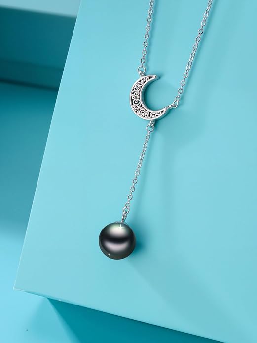 Tahitian Black Pearl AAAA 18K White Gold Plated Sterling Silver Moon Pendant Y Necklace for Women Wife Mom Girlfriend Her Jewelry Gift for Anniversary Birthday