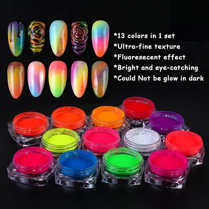13 Colors Neon Phosphor Pigment Powder Set, Super Bright Fluorescent Nail Pigment Dust Nail Glitter for Gradient Iridescent Gel Polish Nail Art Decoration, Resin Craft