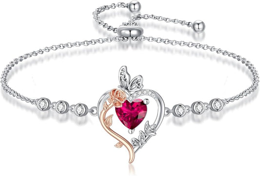 TOUPOP Rose Heart Birthstone Bracelet 925 Sterling Silver Butterfly Heart Bracelet Love Jewelry for Women Anniversary Valentines Day Birthday Gifts for Her Wife Mom