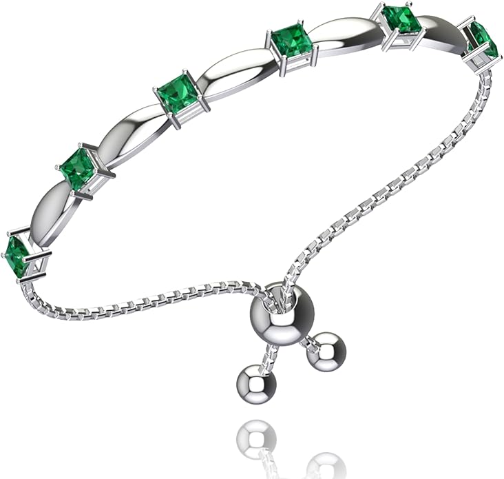 Fine Bracelet Tennis Style Pull String Birthstone Jewelry Gift for Women 925 Sterling Silver Square Sparkling Bolo Gemstone Jewelry Adjustable Bracelets