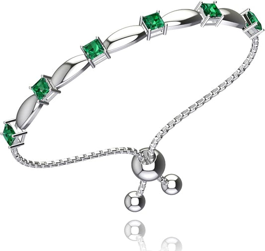 Fine Bracelet Tennis Style Pull String Birthstone Jewelry Gift for Women 925 Sterling Silver Square Sparkling Bolo Gemstone Jewelry Adjustable Bracelets
