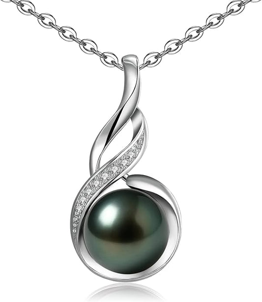 Genuine Tahitian Black Pearl Necklace - Christmas Gift for Wife Mom Daughter Girlfriend, Jewelry Gifts for Anniversary Wedding Birthday, 9-10mm Sea water Pearl with Sterling Silver Moissanite Pendant
