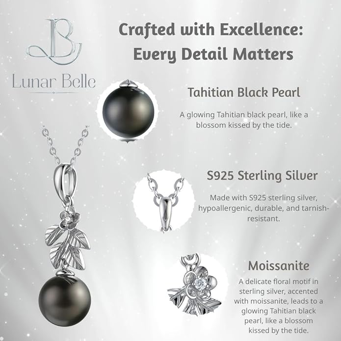 Lunar Belle Black Pearl Pendant Gift for Wife Women, 925 Sterling Silver Moissanite Setting, Fine Luxury Jewelry Graduation Birthday Girlfriend (Sea Fern Bloom)