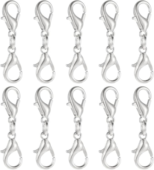 10 Pcs Double Lobster Clasp Extender Silver Necklace Chain Extenders Double Claw Connector Bracelet Necklace Extender for DIY Jewelry Making