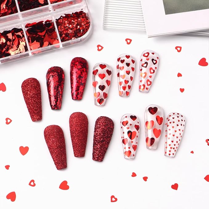 Valentines Holographic Nail Glitter Foils, 12Grid Red Sparkly Foil Nail Art Flakes Design, Laser Heart Nail Sequins Acrylic Supplies for Women Girls Manicure Charms Decor, DIY 3D Nail Art Tips