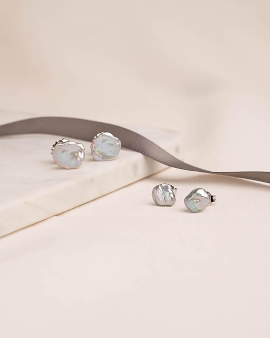 Woman Pearl Earrings Freshwater Cultured Keshi Pearls in White and Gray by SECRET & YOU | Sterling Silver 925 | Available in 10 sizes from 7-8 mm to 15-16 mm