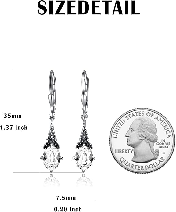 AOBOCO Vintage Earrings for Women Sterling Silver Retro Drop Dangle Leverback Earrings with 8x6mm Oval Genuine or Simulated Birthstone Crystal from Austria, Anniversary Jewelry Gifts for Her (Gift Box)
