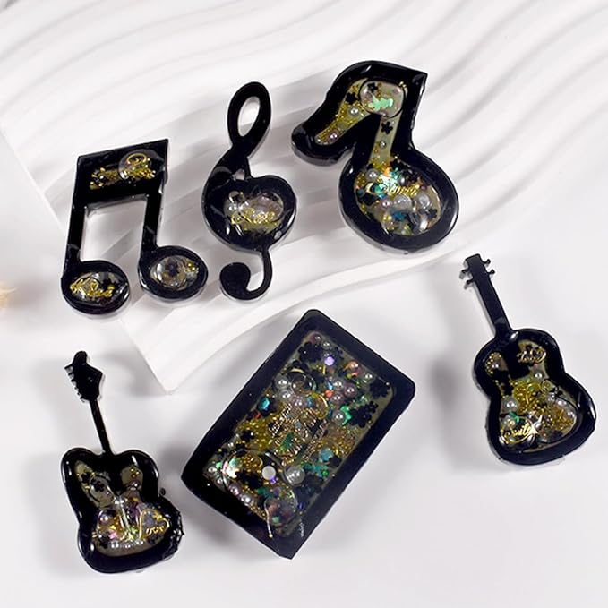 Voyyphixa 6PCS Music Notes Resin Shaker Molds Guitars Quicksand Silicone Molds for Epoxy Resin Quicksand UV Resin Mold Shaker Resin Casting Molds for Pendant Jewelry Decoration Craft Making DIY
