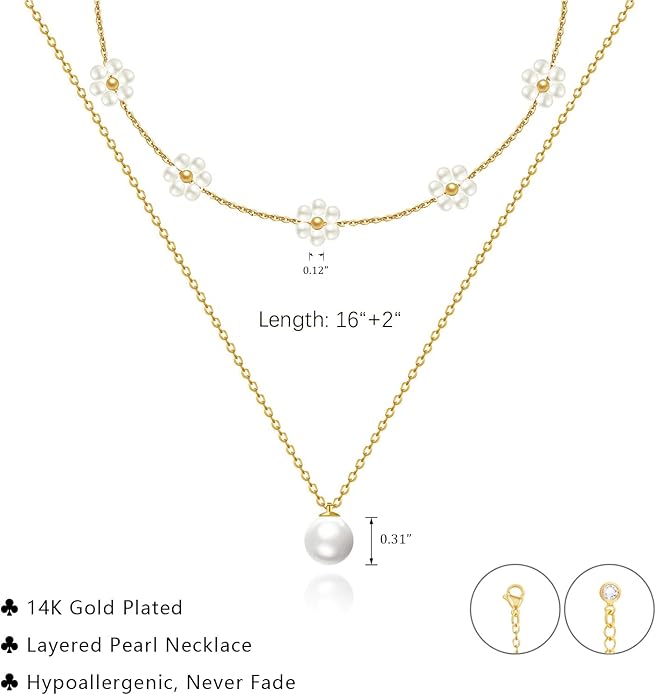 Pearl Necklaces for Women 14K Gold Plated Dainty Layered Single Pearl Necklace Simple Daisy Pearls Choker Cute Gold Necklace Stack Jewelry Sets for Women Trendy Gifts