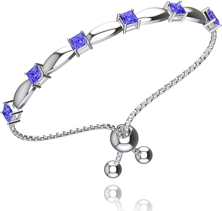 Fine Bracelet Tennis Style Pull String Birthstone Jewelry Gift for Women 925 Sterling Silver Square Sparkling Bolo Gemstone Jewelry Adjustable Bracelets