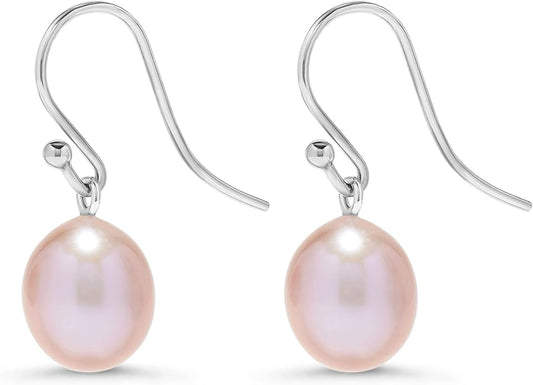 .925 Sterling Silver AAA Natural Pink Teardrop Shaped Freshwater Cultured Pearl French Wire Dangling Drop Earrings