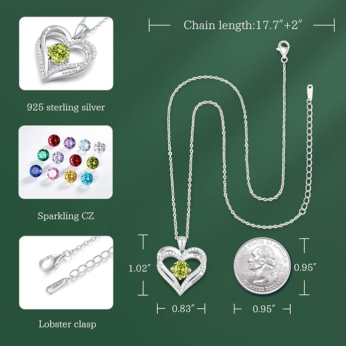 CDE Valentine's Day Gift Forever Love Heart Necklaces for Women, Wedding Anniversary, Birthday Mothers Christmas Day Gifts for Mom, Mother, Wife, S925 Silver Jewelry with Birthstone Pendant
