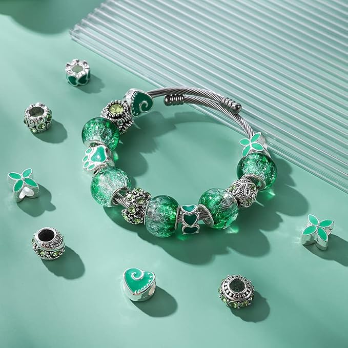 60 Pieces Assorted European Beads with Plating Silver Metal Alloy Rhinestone Large Hole Spacer Beads for DIY Charm Bracelet Jewelry Making (Green)