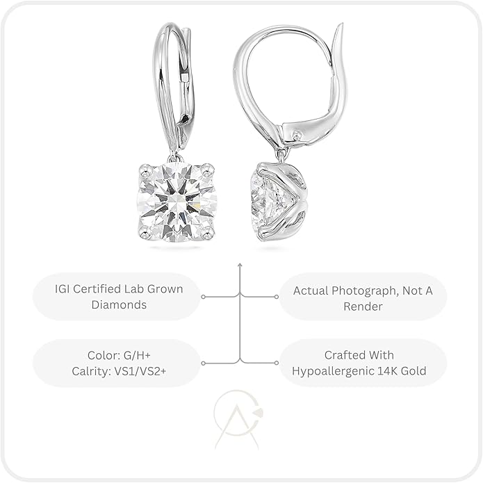 1/2 to 4 Carat Round Lab Grown Diamond Dangle Drop Earrings for Women I 14k Gold Earrings (G-H, VS1-VS2, 0.5 to 4 cttw) 4-Prong Set Brilliant Cut Diamond Leverback by Carbon Atelier