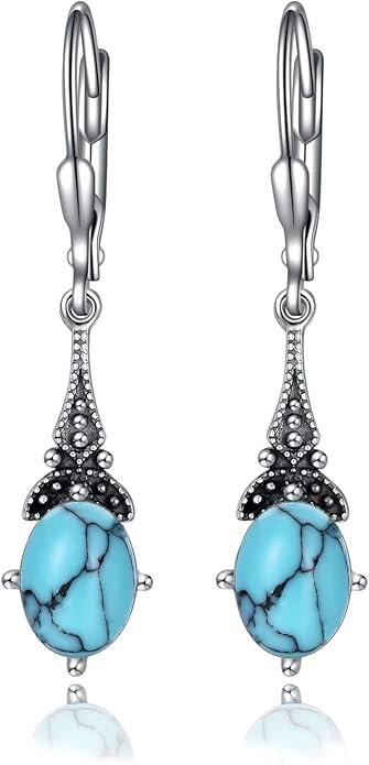 AOBOCO Vintage Earrings for Women Sterling Silver Retro Drop Dangle Leverback Earrings with 8x6mm Oval Genuine or Simulated Birthstone Crystal from Austria, Anniversary Jewelry Gifts for Her (Gift Box)