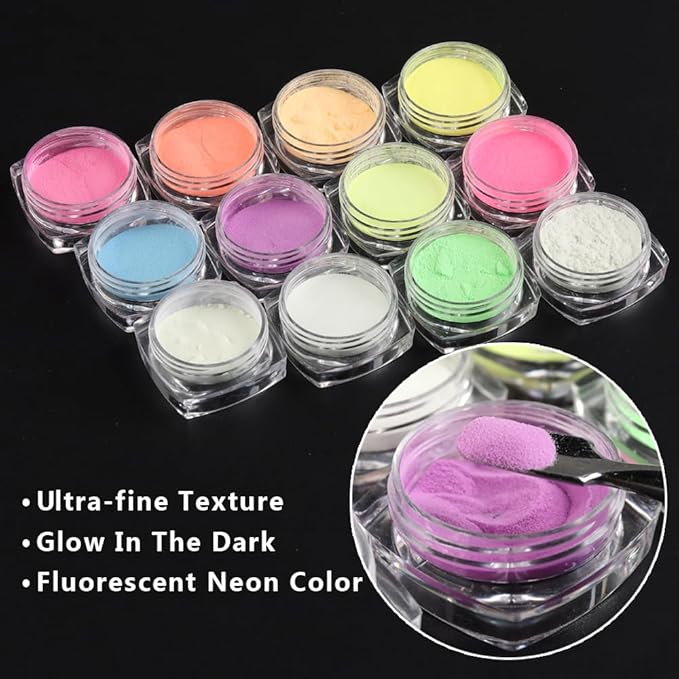 12 Colors Glow in The Dark Powder, Luminous Pigment Powder Fluorescent Neon Phosphor Glitter Dust for Gel Polish Nail Art Decoration, Resin Craft