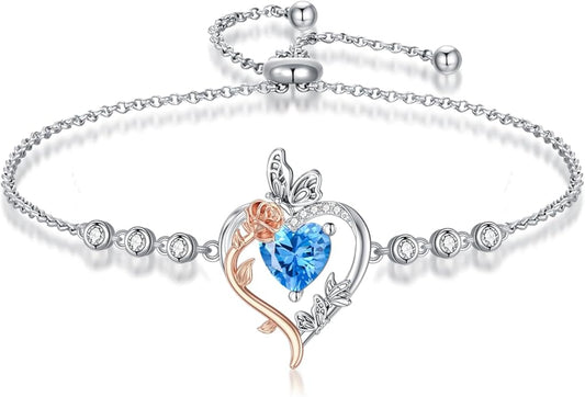 TOUPOP Rose Heart Birthstone Bracelet 925 Sterling Silver Butterfly Heart Bracelet Love Jewelry for Women Anniversary Valentines Day Birthday Gifts for Her Wife Mom
