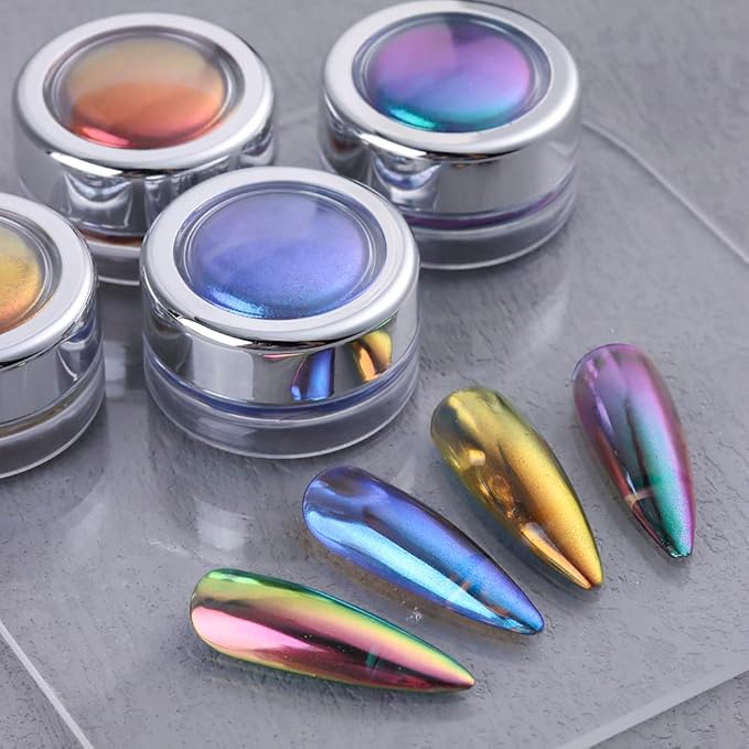 4 Colors Chameleon Chrome Nail Powder Kit, Metallic Mirror Effect Nail Glitter Aurora Iridescent Pearlescent Mermaid Pigment Dust for Gel Polish Nail Art Decoration, Resin Craft