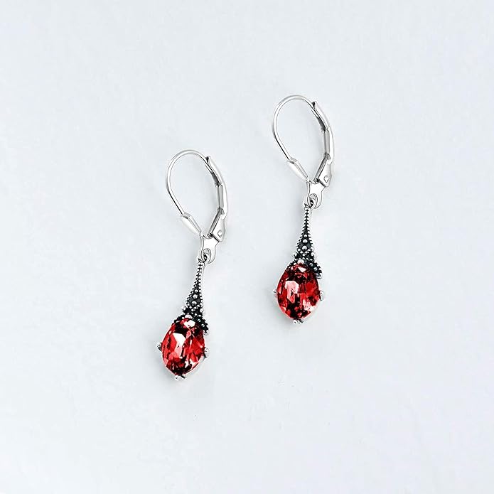 AOBOCO Vintage Earrings for Women Sterling Silver Retro Drop Dangle Leverback Earrings with 8x6mm Oval Genuine or Simulated Birthstone Crystal from Austria, Anniversary Jewelry Gifts for Her (Gift Box)