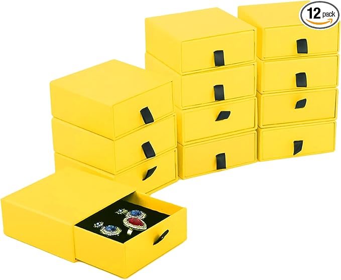 Nsmykhg Jewelry Gift Box Velvet-Lined,12 Pack Compact Drawer Style for Earrings & Rings, Necklace & Bracelet Organizer, 3.93x3.93x1.65 Inches, Stackable Elegant Jewelry Display & Storage Box (Yellow)