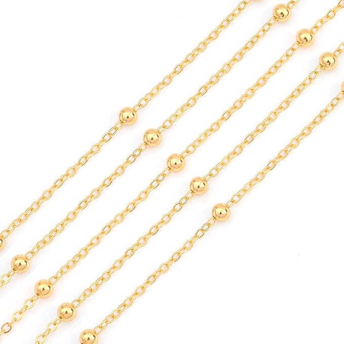 BEADIA 18K Gold Plated O Chains 2.0mm with 4mm Beads 2 Meters for Jewelry Making Findings