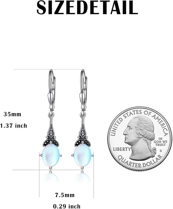 AOBOCO Vintage Earrings for Women Sterling Silver Retro Drop Dangle Leverback Earrings with 8x6mm Oval Genuine or Simulated Birthstone Crystal from Austria, Anniversary Jewelry Gifts for Her (Gift Box)