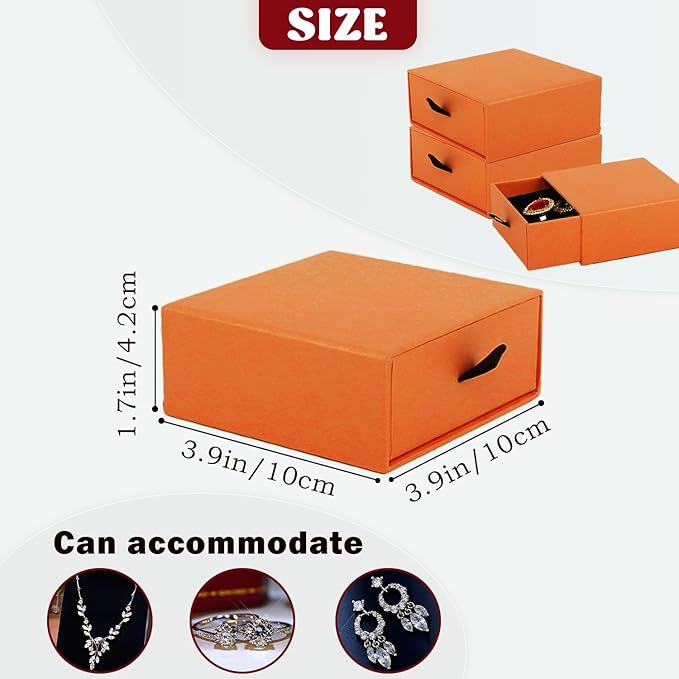 Nsmykhg Jewelry Gift Box Velvet-Lined,12 Pack Compact Drawer Style for Earrings & Rings, Necklace & Bracelet Organizer, 3.93x3.93x1.65 Inches, Stackable Elegant Jewelry Display & Storage Box (Orange)