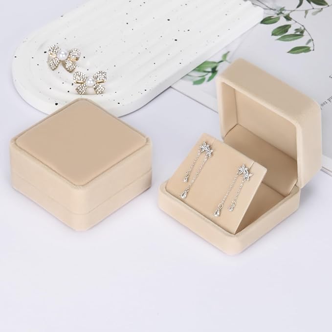 2 Pieces Velvet Earring Gift Box, Small Jewelry Storage Holder Display Boxes For Earring Stud Necklace, Jewelry Showcase With Stereo Display Cardboard (APRICOT)