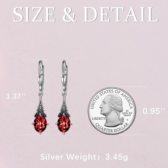 AOBOCO Vintage Earrings for Women Sterling Silver Retro Drop Dangle Leverback Earrings with 8x6mm Oval Genuine or Simulated Birthstone Crystal from Austria, Anniversary Jewelry Gifts for Her (Gift Box)