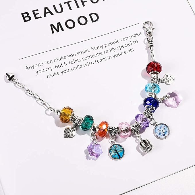 50 Pieces Assorted European Beads with Plating Silver Metal Alloy Spacer Beads and Colorful Crystal Pendant Craft Beads for DIY Charm Bracelet Jewelry Making (Life Tree Gem Pendant)