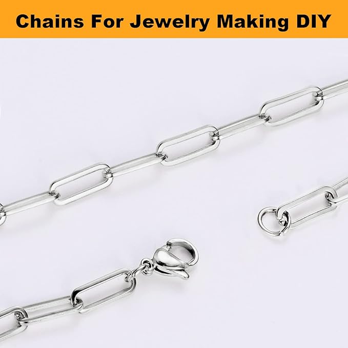 Jishi 16ft Paperclip Chain 4mm Silver Stainless Steel Paper Clip Link Chain Roll for Necklaces Jewelry Making Bracelet Craft Supplies DIY Earring Findings - Metal Jewelry Making Chain Links Bulk