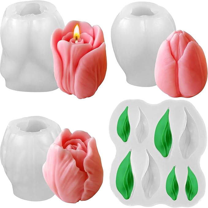 ZQYSING 4 PCS Tulip Candle Molds with Leaf Mold, 3D Flower Silicone Molds for Candles Wax Soap Clay Plaster Epoxy Resin Home Decorations