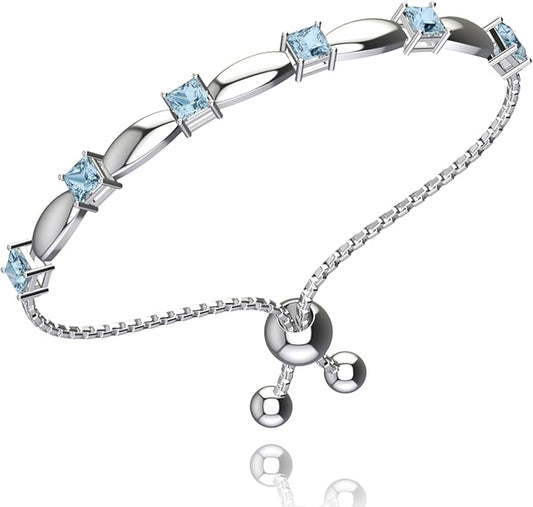Fine Bracelet Tennis Style Pull String Birthstone Jewelry Gift for Women 925 Sterling Silver Square Sparkling Bolo Gemstone Jewelry Adjustable Bracelets