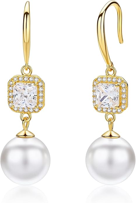 Pearl Drop Earrings 10mm White Round Pearl Hook Earrings, Sterling Silver with White Gold Plating/14k Gold Hypoallergenic Multiple CZ Styles Valentine's Day & Wedding Gifts Gold Jewelry for Women