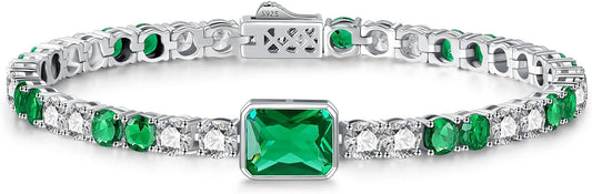 Birthstone Bracelets for Women Birthday Gifts 4CT Radiant Cut Birthstone 4mm Sterling Silver White Gold Tennis Bracelets for Women Round Cut 5A Cubic Zirconia Bezel Setting 7 Inch