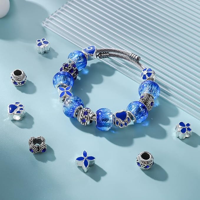 60 Pieces Assorted European Beads with Plating Silver Metal Alloy Rhinestone Large Hole Spacer Beads for DIY Charm Bracelet Jewelry Making (Blue)