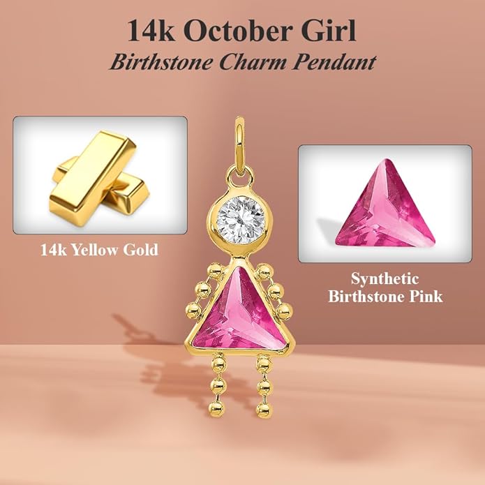 14K Yellow Gold January to December Month Boy and Girl Birthstone Charm Pendant Necklace or Bracelet (L- 20 mm/0.79 Inch, W- 10 mm/0.4 Inch)