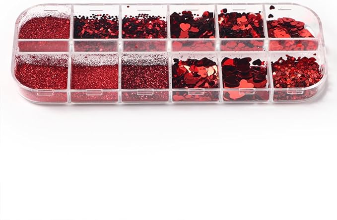Valentines Holographic Nail Glitter Foils, 12Grid Red Sparkly Foil Nail Art Flakes Design, Laser Heart Nail Sequins Acrylic Supplies for Women Girls Manicure Charms Decor, DIY 3D Nail Art Tips