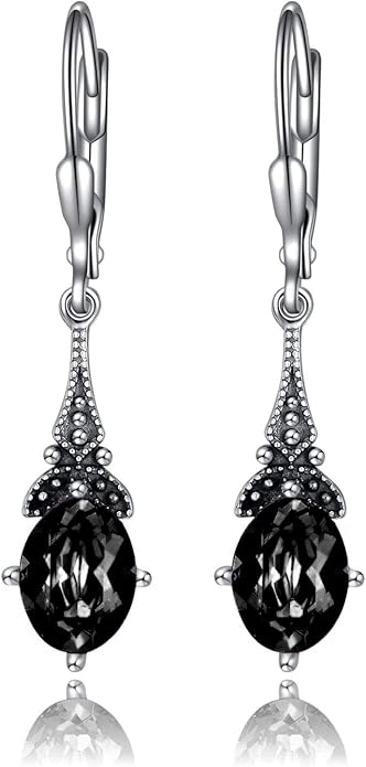 AOBOCO Vintage Earrings for Women Sterling Silver Retro Drop Dangle Leverback Earrings with 8x6mm Oval Genuine or Simulated Birthstone Crystal from Austria, Anniversary Jewelry Gifts for Her (Gift Box)